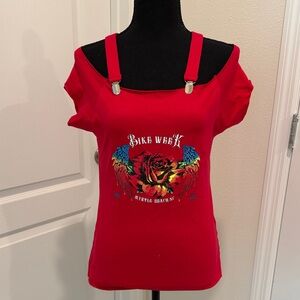 Red Off-Shoulder Myrtle Beach bike week 2023 Graphic Strap Top